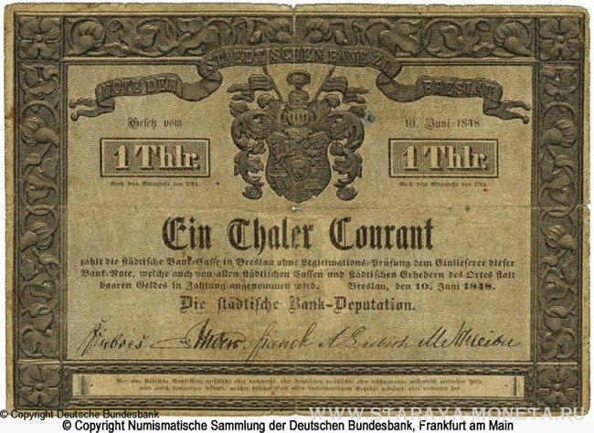  Банкнота - St&#228;dtische Bank zu Breslau (Schlesien) 1 Thaler 1848. (аверс)