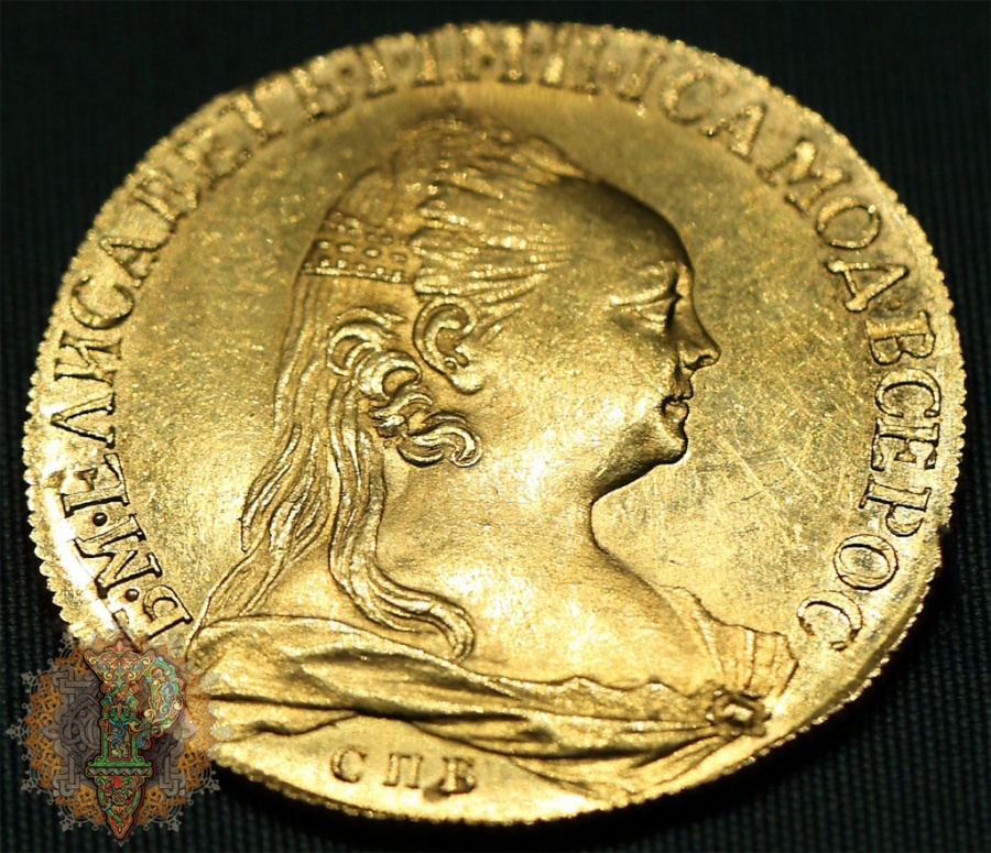 Елизавета Петровна (1741-1761). 10 рублей. 1757 г. СПБ (Санкт-Петербургский монетный двор). Портрет работы Жака-Антуана Дасье (1715-1759). Золото; чеканка. Вес 16,56 г. Инв. №ОН-РАз-338.