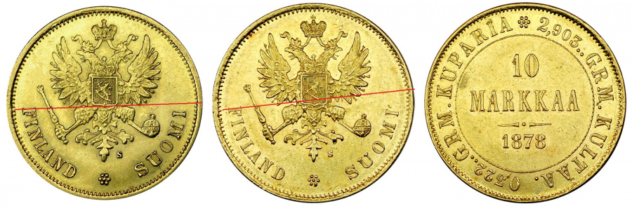 Великое княжество Финляндское, 10 марок 1878 г., золото, с различным положением легенды