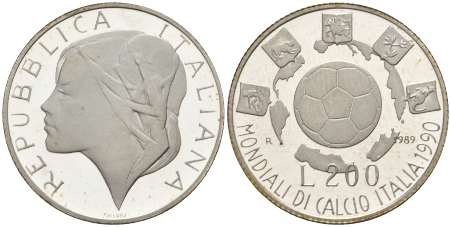 Фото № 18. 200 лир 1989 г. Италия, Чемпионат мира по футболу 1990 г. в Италии, серебро. 